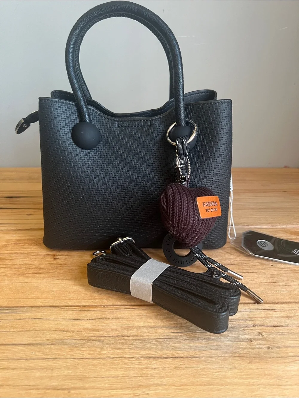 NWT Black Woven Satchel Handbag with Matching Charm & Shoulder Strap by Sumzen